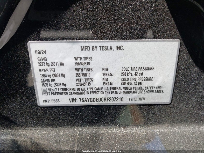 TESLA MODEL Y 2024 VIN 7SAYGDED0RF207216