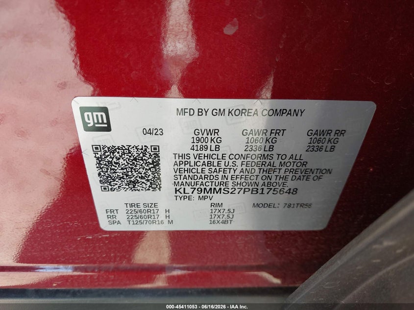 VIN KL79MMS27PB175648 2023 CHEVROLET TRAILBLAZER FWD LS