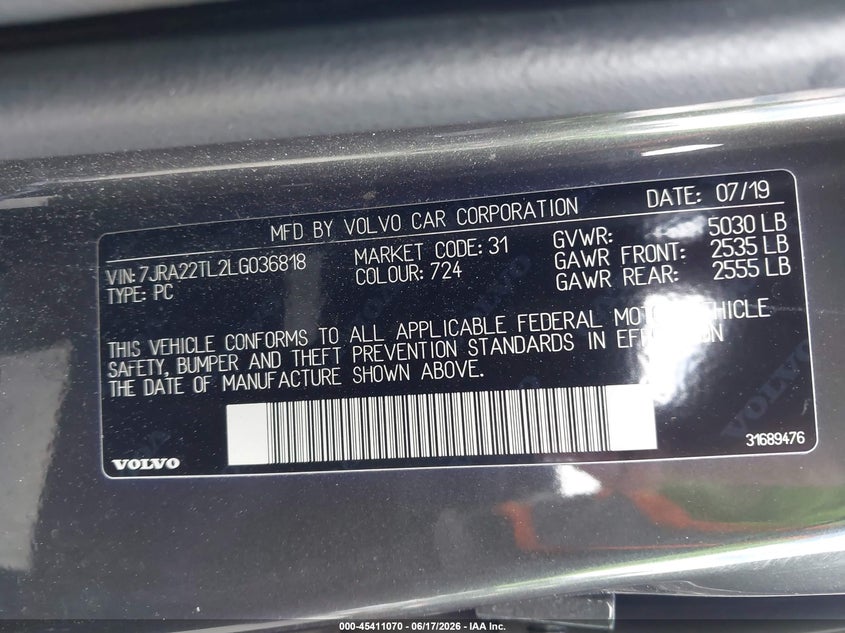 2020 Volvo S60 T6 Inscription VIN: 7JRA22TL2LG036818 Lot: 45411070