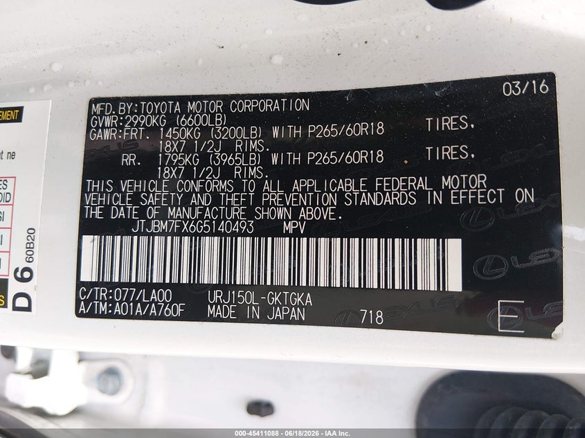 2016 Lexus Gx 460 VIN: JTJBM7FX6G5140493 Lot: 45533388
