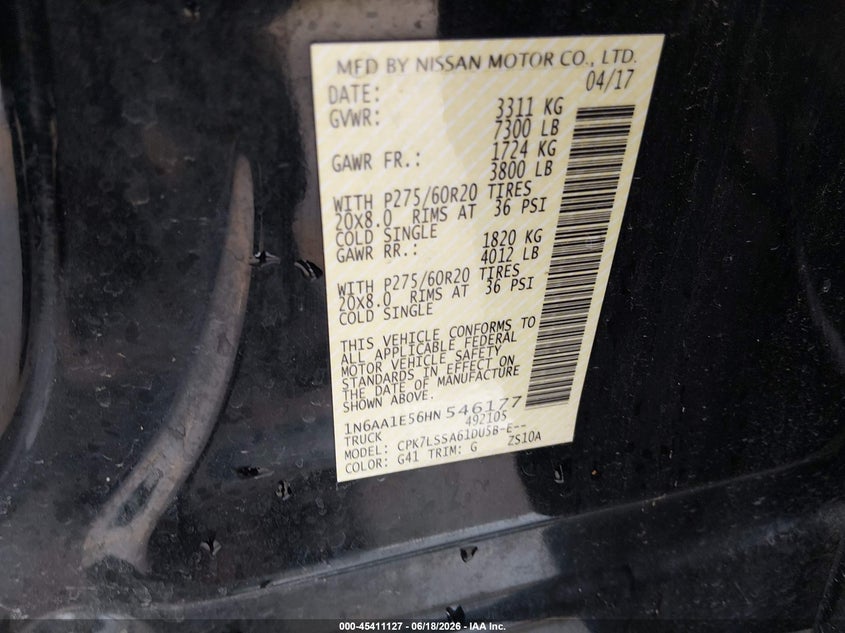 2017 Nissan Titan Sv VIN: 1N6AA1E56HN546177 Lot: 45411127