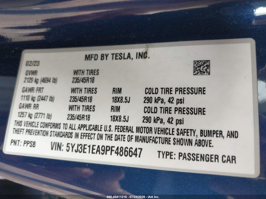 2023 Tesla Model 3 Rear-Wheel Drive VIN: 5YJ3E1EA9PF486647 Lot: 45411216