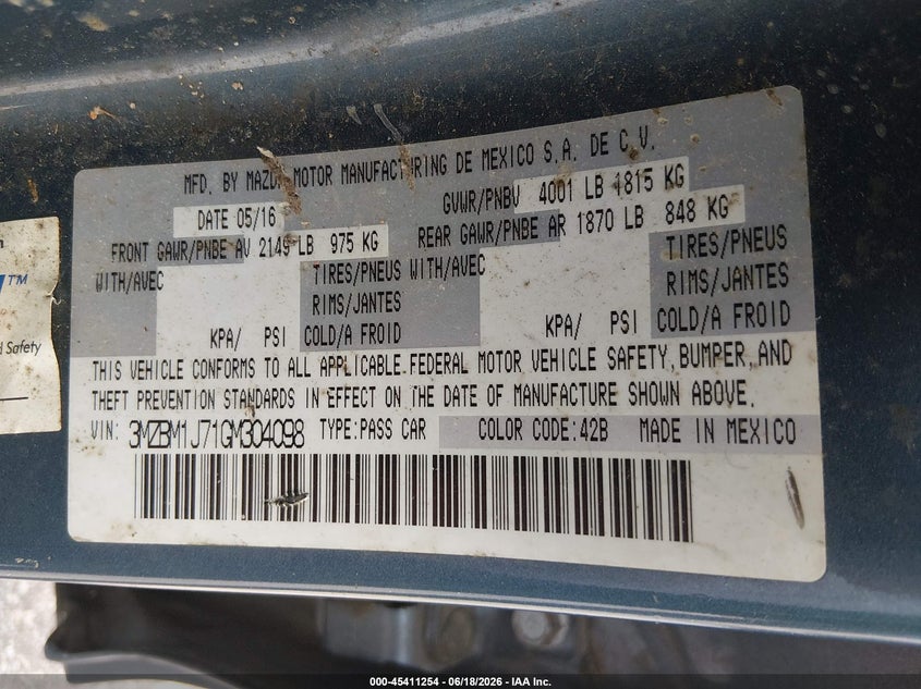MAZDA MAZDA3 2016 VIN 3MZBM1J71GM304098