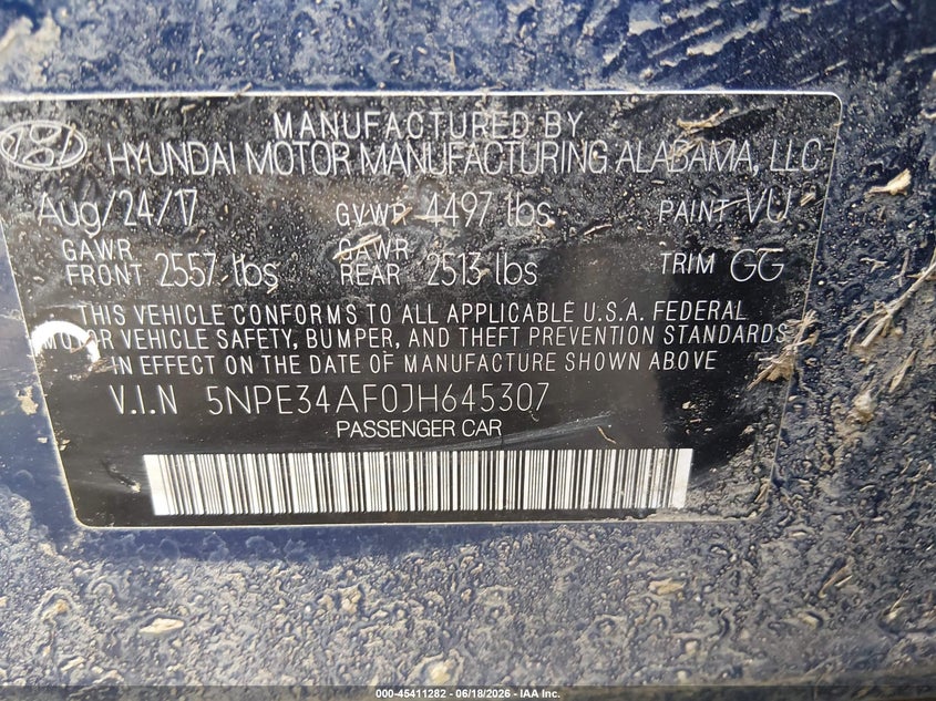 VIN 5NPE34AF0JH645307 2018 HYUNDAI SONATA LIMITED