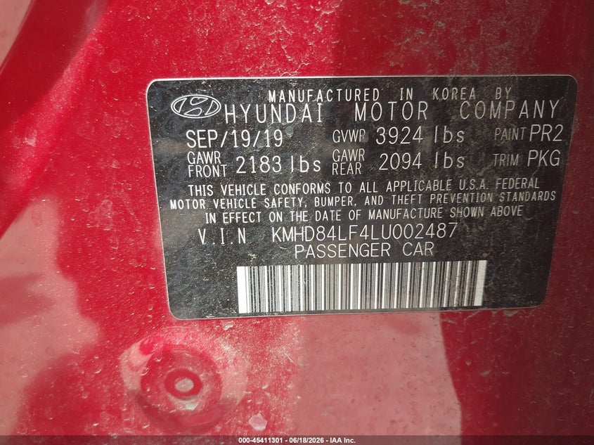VIN KMHD84LF4LU002487 2020 HYUNDAI ELANTRA VALUE EDITION