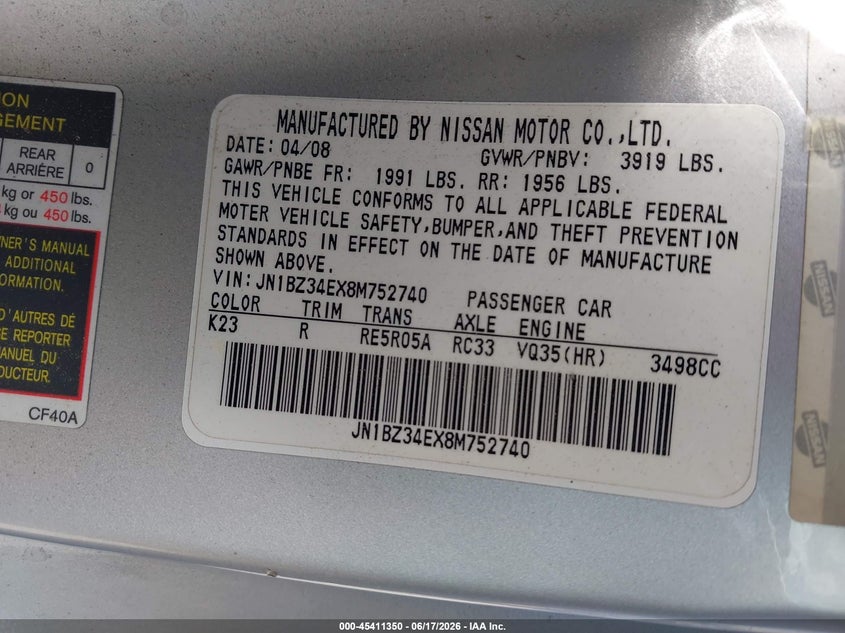 2008 Nissan 350Z Touring VIN: JN1BZ34EX8M752740 Lot: 45411350