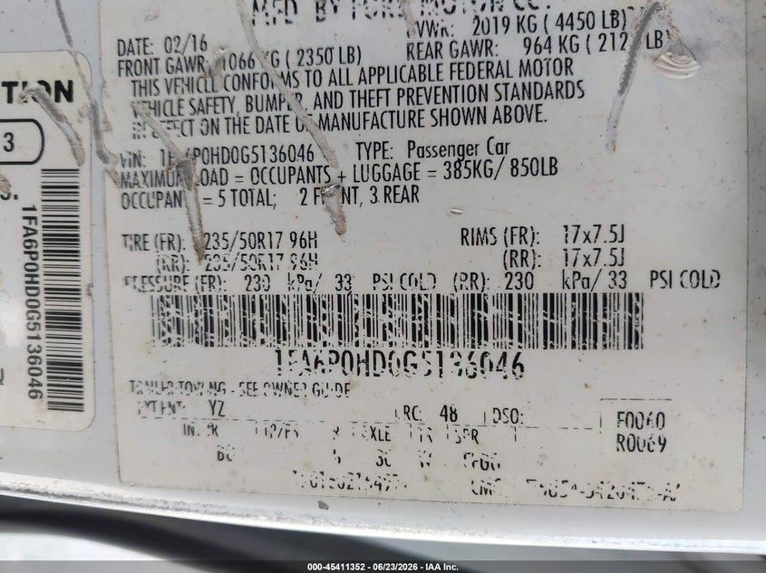 2016 FORD FUSION SEDAN 1.5L I-4 DI, DOHC, VVT, TURBO, 181HP