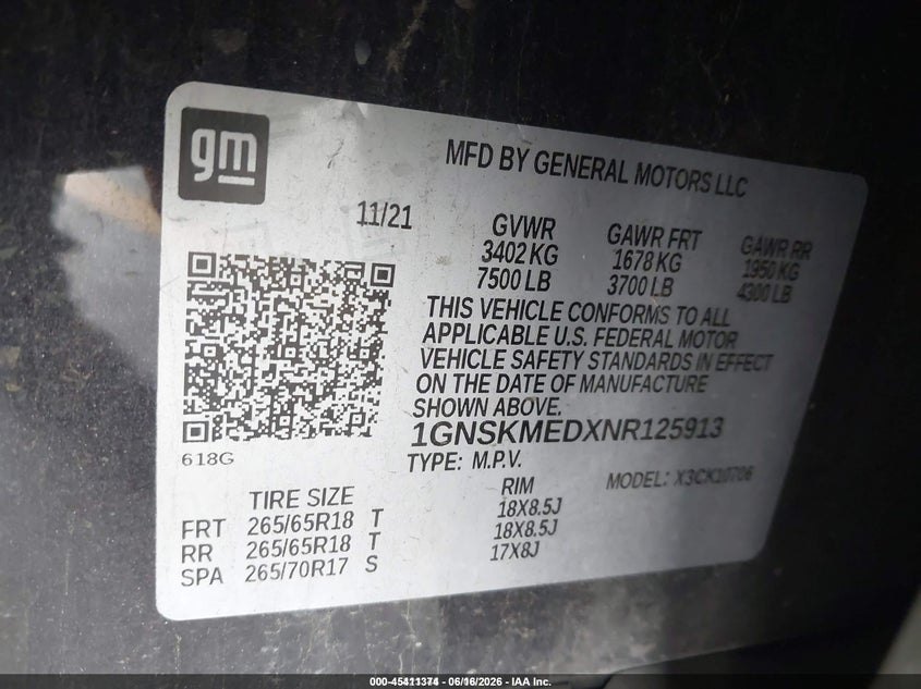 2022 Chevrolet Tahoe 4Wd Ls VIN: 1GNSKMEDXNR125913 Lot: 45411374