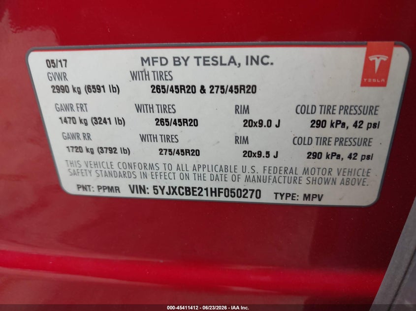 2017 Tesla Model X 100D/75D/90D VIN: 5YJXCBE21HF050270 Lot: 45411412