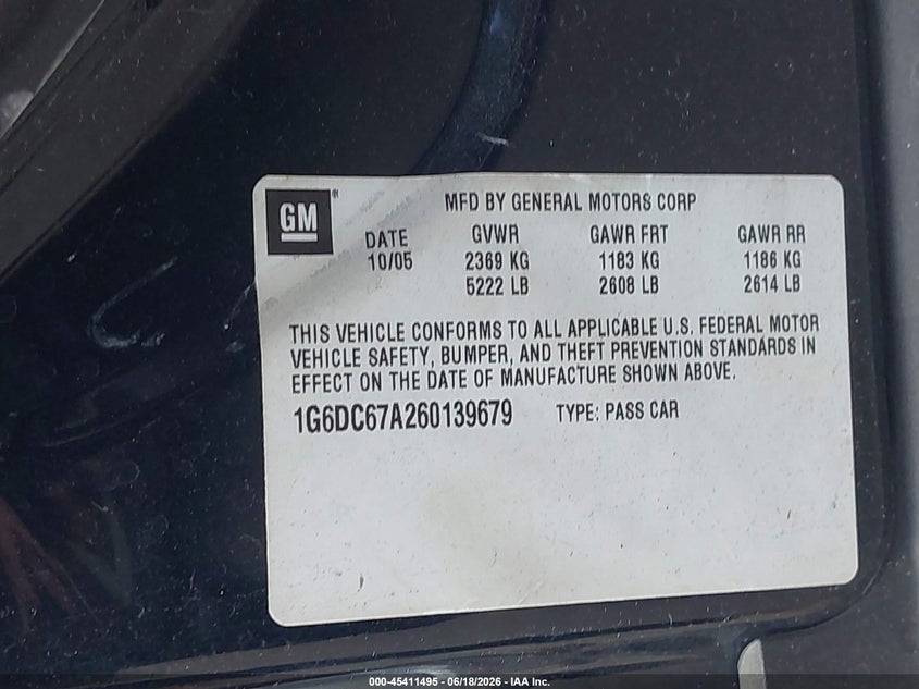 2006 Cadillac Sts V8 VIN: 1G6DC67A260139679 Lot: 45411495