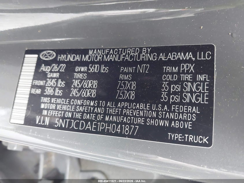 2023 Hyundai Santa Cruz Sel VIN: 5NTJCDAE1PH041877 Lot: 45411521