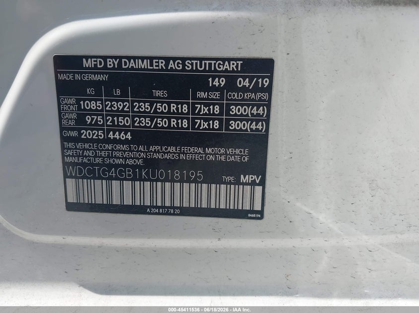 2019 Mercedes-Benz Gla 250 4Matic VIN: WDCTG4GB1KU018195 Lot: 45411536