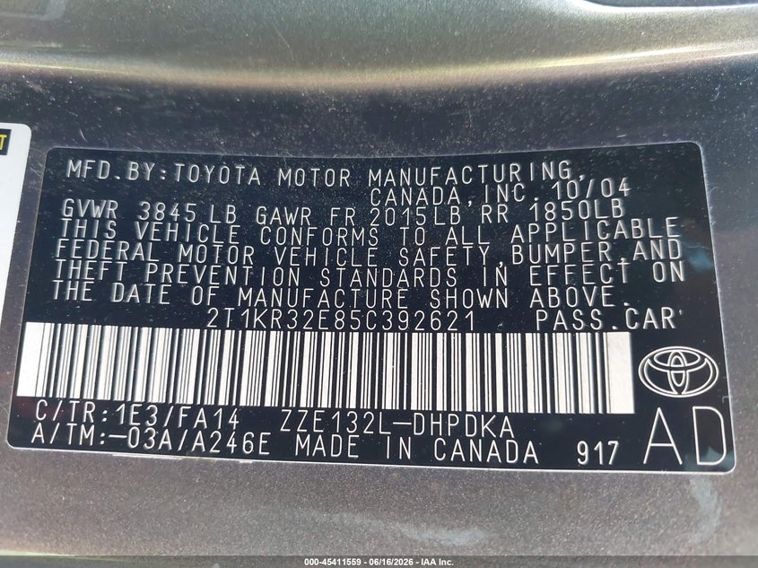 2005 TOYOTA MATRIX HATCHBACK 1.8L I-4 DOHC, VVT, 130HP