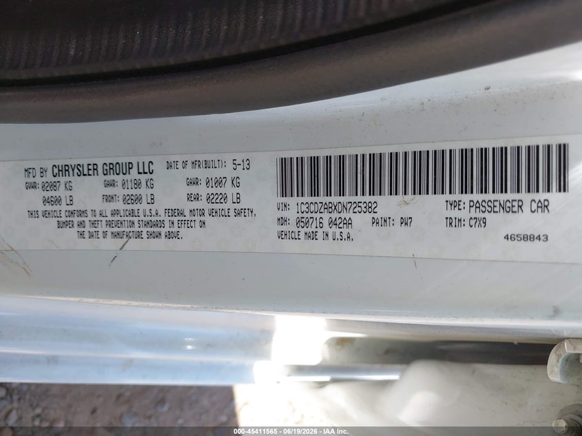 2013 Dodge Avenger Se VIN: 1C3CDZABXDN725382 Lot: 45411565