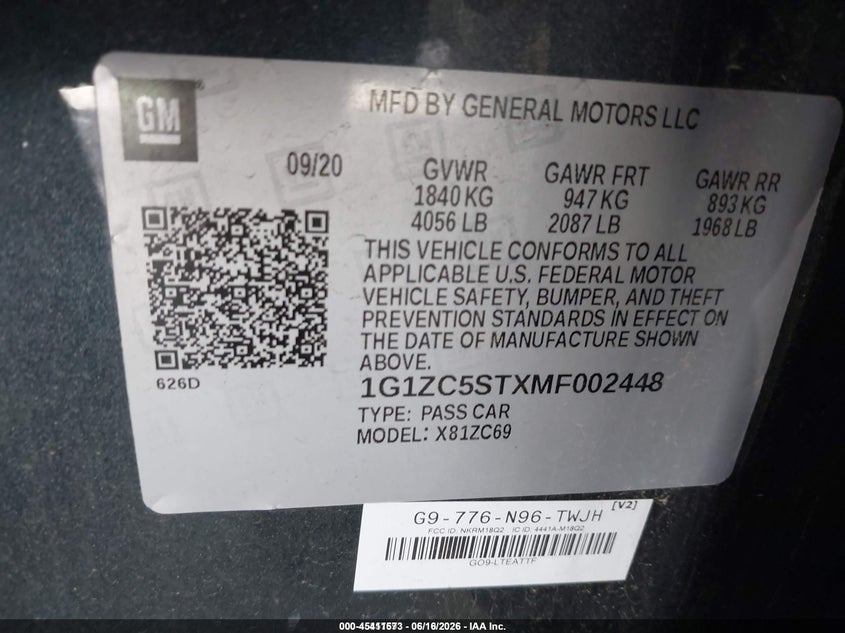 2021 Chevrolet Malibu Fwd 1Fl VIN: 1G1ZC5STXMF002448 Lot: 45411573