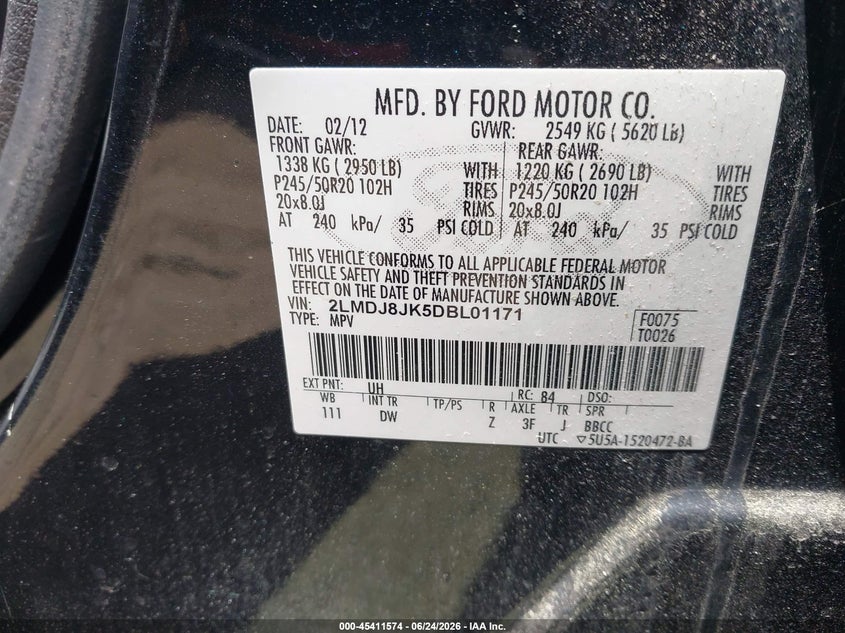 2013 Lincoln Mkx VIN: 2LMDJ8JK5DBL01171 Lot: 45411574
