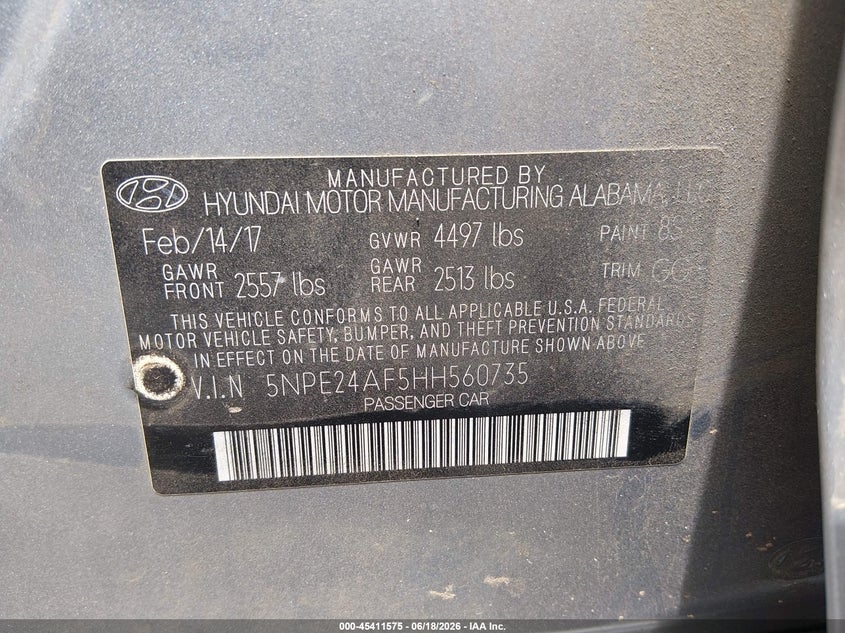 VIN 5NPE24AF5HH560735 2017 HYUNDAI SONATA