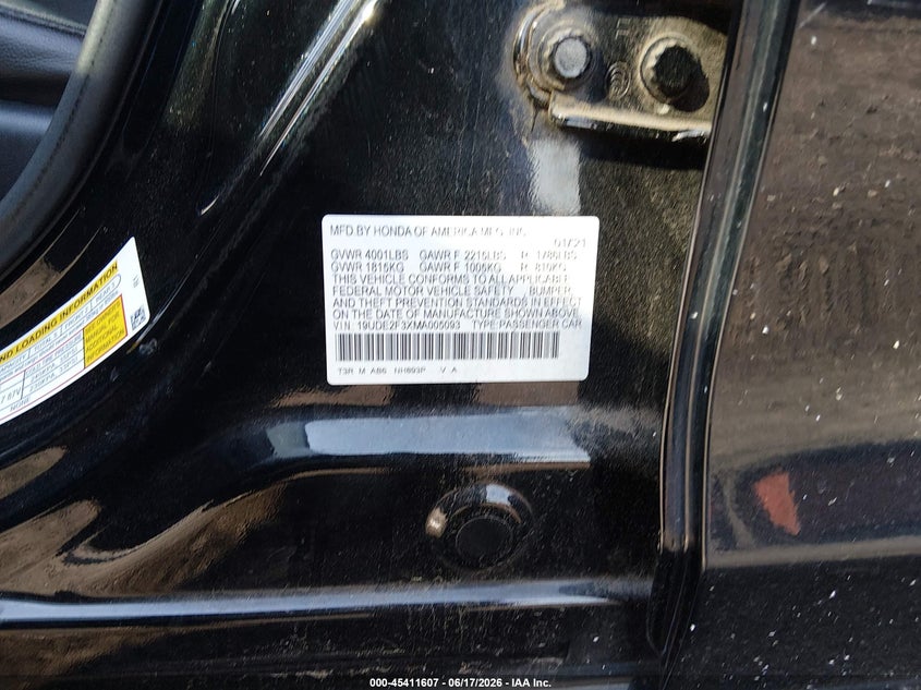 2021 Acura Ilx Standard VIN: 19UDE2F3XMA005093 Lot: 45411607