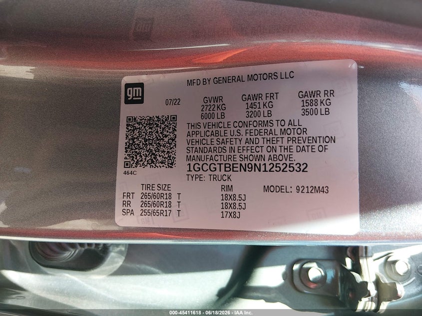 2022 Chevrolet Colorado 4Wd Short Box Wt VIN: 1GCGTBEN9N1252532 Lot: 45411618