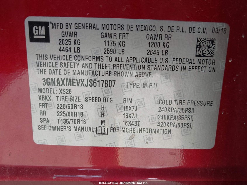 VIN 3GNAXMEVXJS617807 2018 CHEVROLET EQUINOX PREMIER