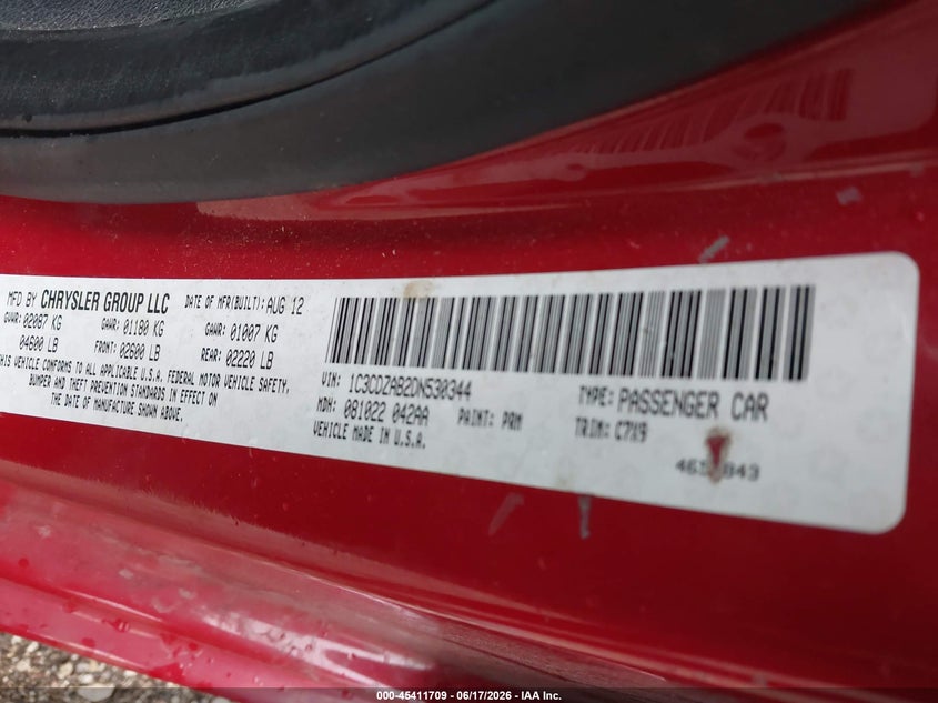 2013 Dodge Avenger Se VIN: 1C3CDZAB2DN530344 Lot: 45411709