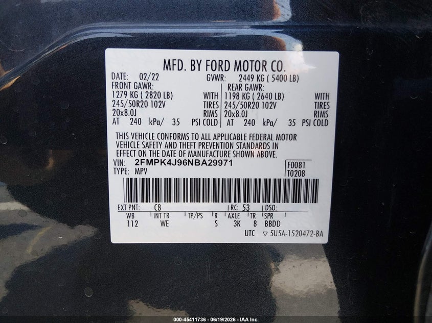 2022 Ford Edge St-Line VIN: 2FMPK4J96NBA29971 Lot: 45411736