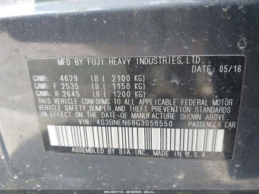2016 Subaru Legacy 3.6R Limited VIN: 4S3BNEN68G3058550 Lot: 45411743
