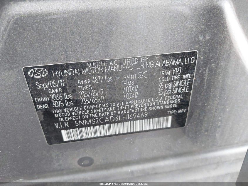2020 Hyundai Santa Fe Se VIN: 5NMS2CAD3LH169469 Lot: 45411745