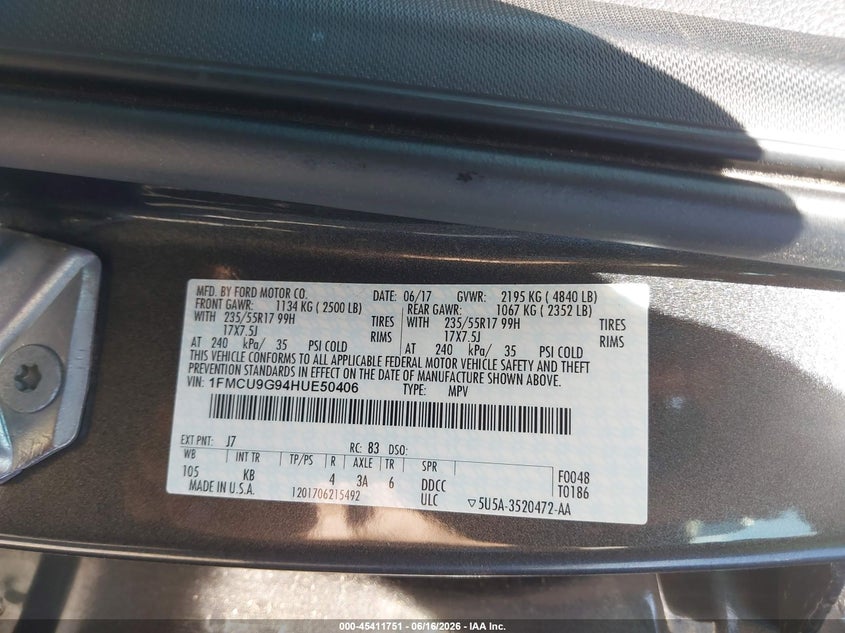 2017 Ford Escape Se VIN: 1FMCU9G94HUE50406 Lot: 45411751