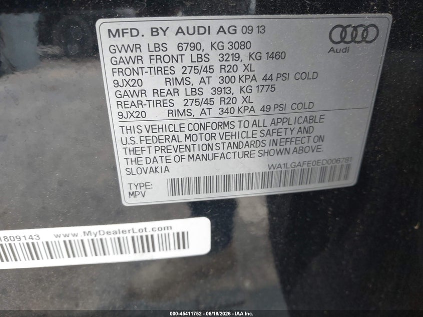 AUDI Q7 2014 VIN WA1LGAFE0ED006781