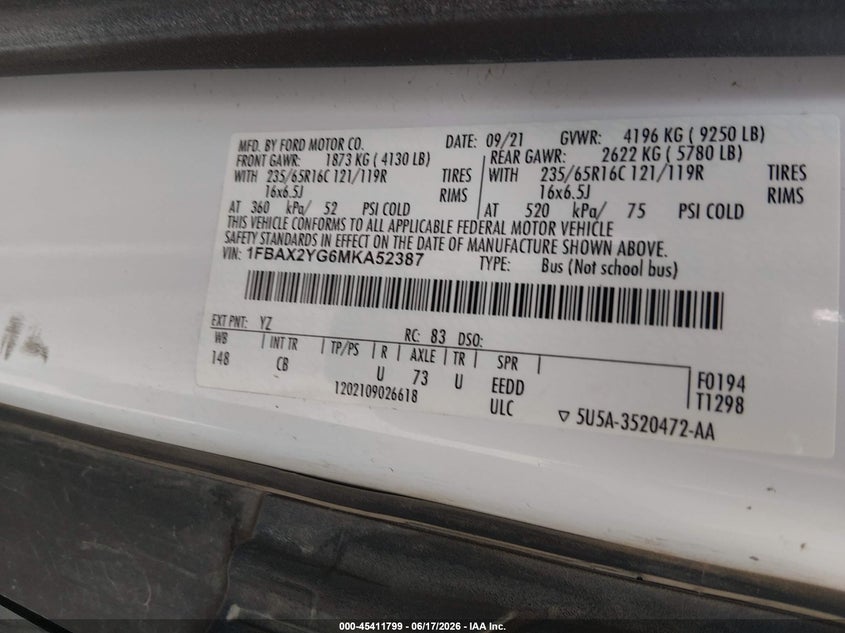 2021 FORD TRANSIT WAGON 3.5L V-6 DI, DOHC, VVT, TURBO, 310HP