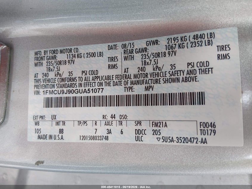 2016 Ford Escape Titanium VIN: 1FMCU9J90GUA51077 Lot: 45411815
