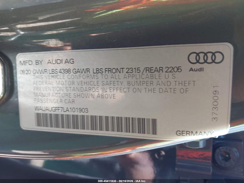 2020 Audi A3 Premium 40 Tfsi Front-Wheel Drive S Tronic VIN: WAUAUGFF7LA101903 Lot: 45411830
