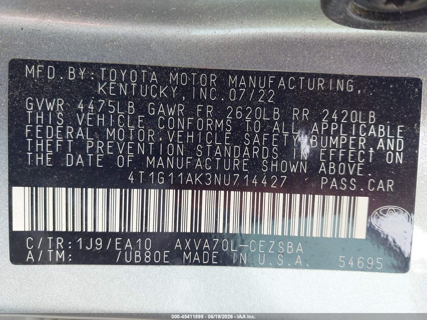 2022 Toyota Camry Se VIN: 4T1G11AK3NU714427 Lot: 45411899
