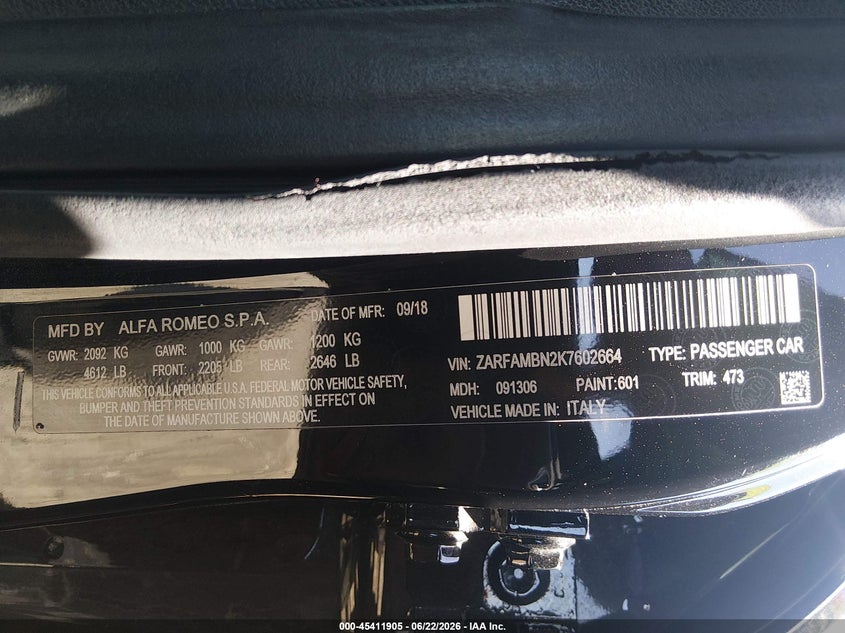 2019 Alfa Romeo Giulia Ti VIN: ZARFAMBN2K7602664 Lot: 45411905