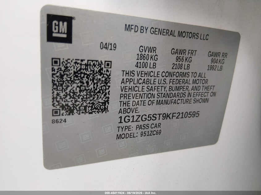 2019 Chevrolet Malibu Rs VIN: 1G1ZG5ST9KF210595 Lot: 45411924