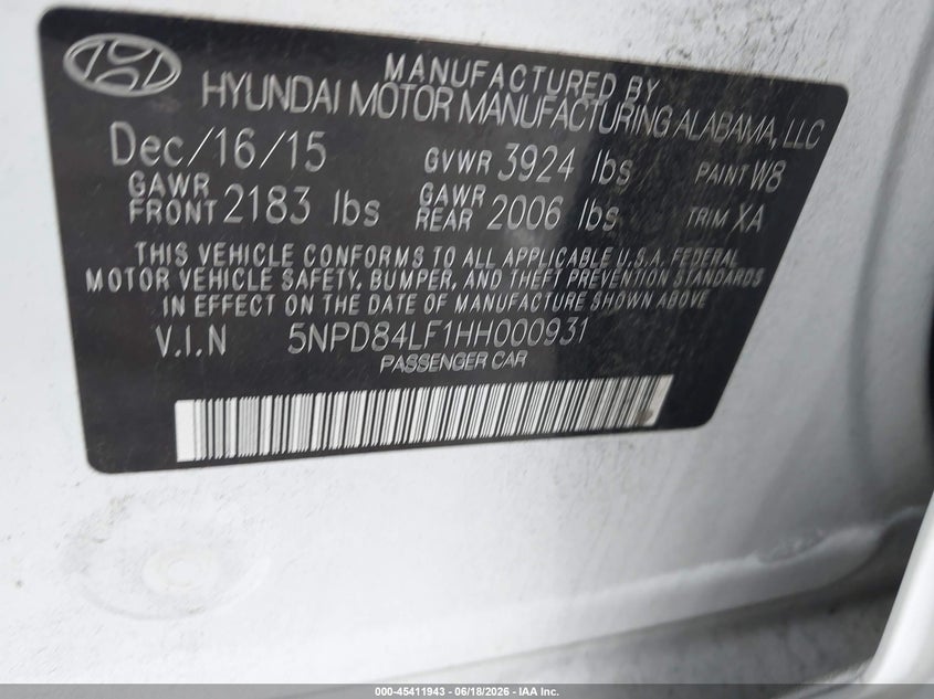 VIN 5NPD84LF1HH000931 2017 HYUNDAI ELANTRA SE