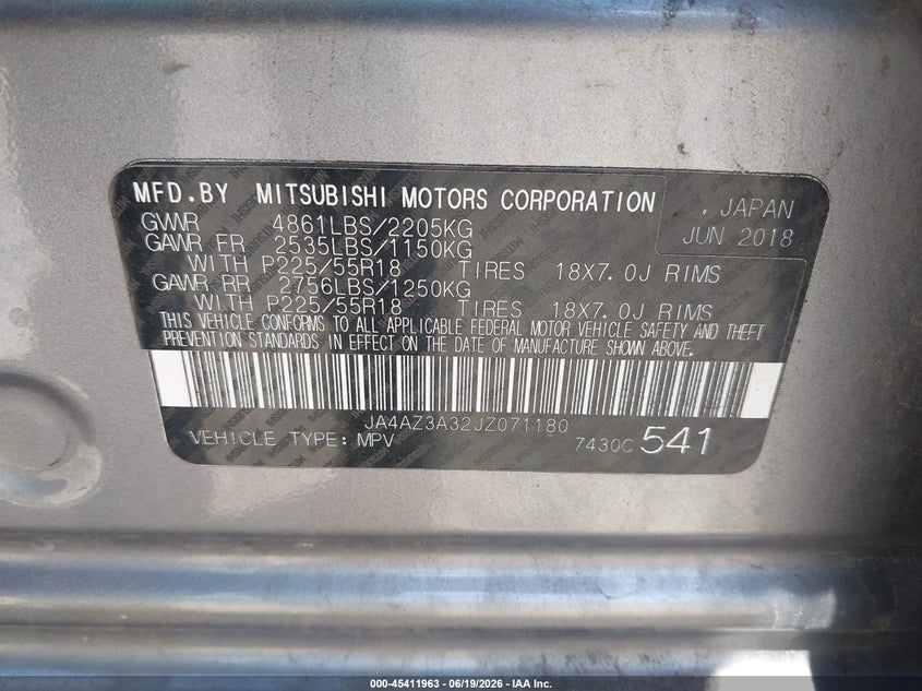 2018 Mitsubishi Outlander Es/Le/Se/Sel VIN: JA4AZ3A32JZ071180 Lot: 45411963