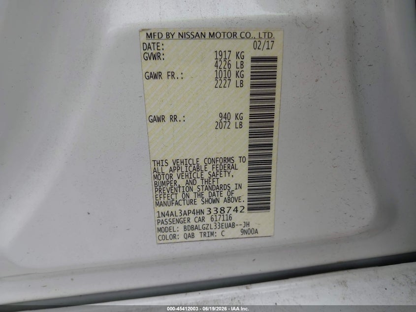 VIN 1N4AL3AP4HN338742 2017 NISSAN ALTIMA 2.5 S