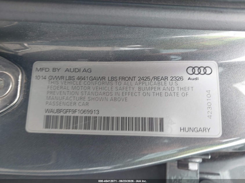2015 Audi S3 2.0T Premium Plus VIN: WAUBFGFF9F1069913 Lot: 45412071