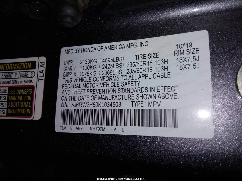 VIN 5J6RW2H50KL034503 2019 HONDA CR-V EX