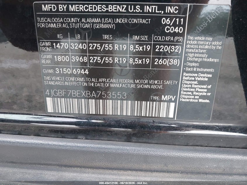2011 Mercedes-Benz Gl 450 4Matic VIN: 4JGBF7BEXBA753553 Lot: 45412106