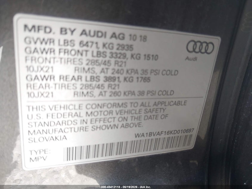 2019 Audi Q8 55 Premium VIN: WA1BVAF16KD010697 Lot: 45412118