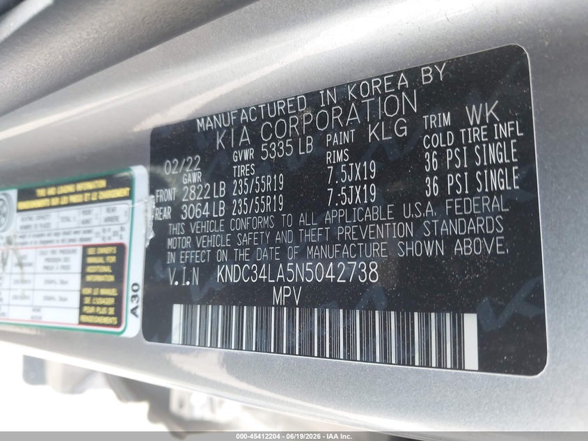 2022 Kia Ev6 Wind VIN: KNDC34LA5N5042738 Lot: 45412204
