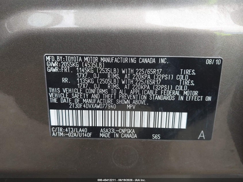 2010 TOYOTA RAV 4 SPORT UTILITY VEHICLE 2.5L I-4 DOHC, VVT, 179HP