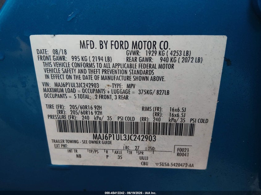 VIN MAJ6P1UL3JC242903 2018 FORD ECOSPORT SE