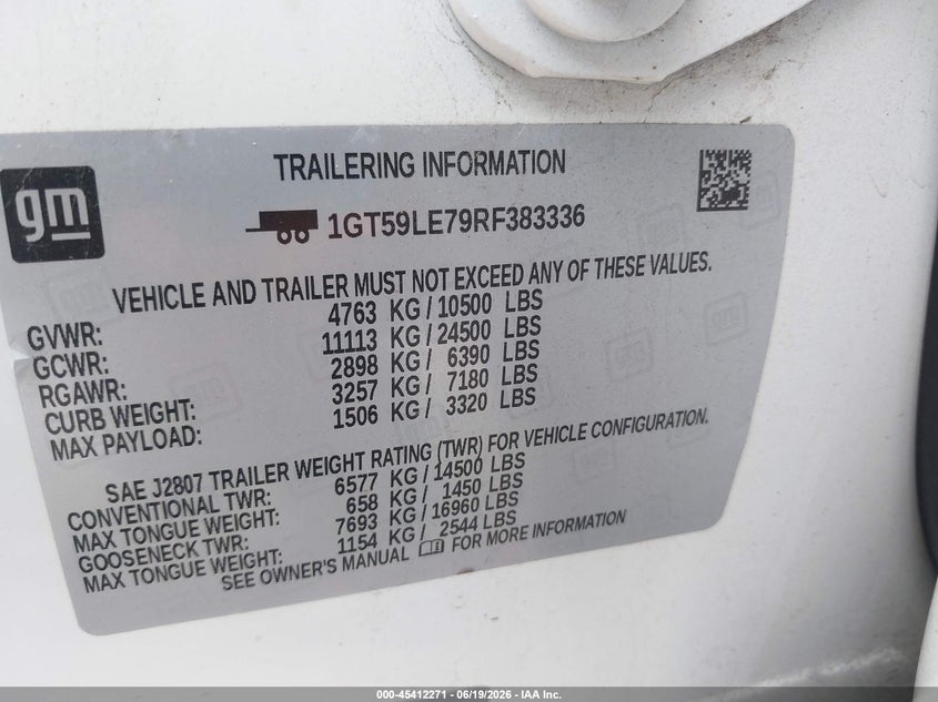 2024 GMC Sierra 2500Hd 4Wd Long Bed Pro VIN: 1GT59LE79RF383336 Lot: 45412271