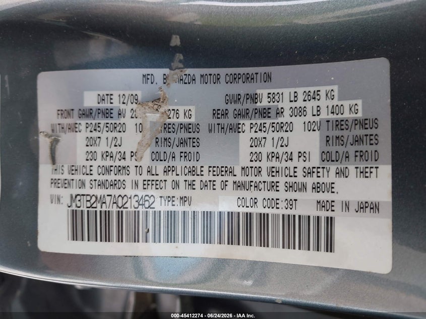 2010 Mazda Cx-9 Grand Touring VIN: JM3TB2MA7A0213462 Lot: 45412274