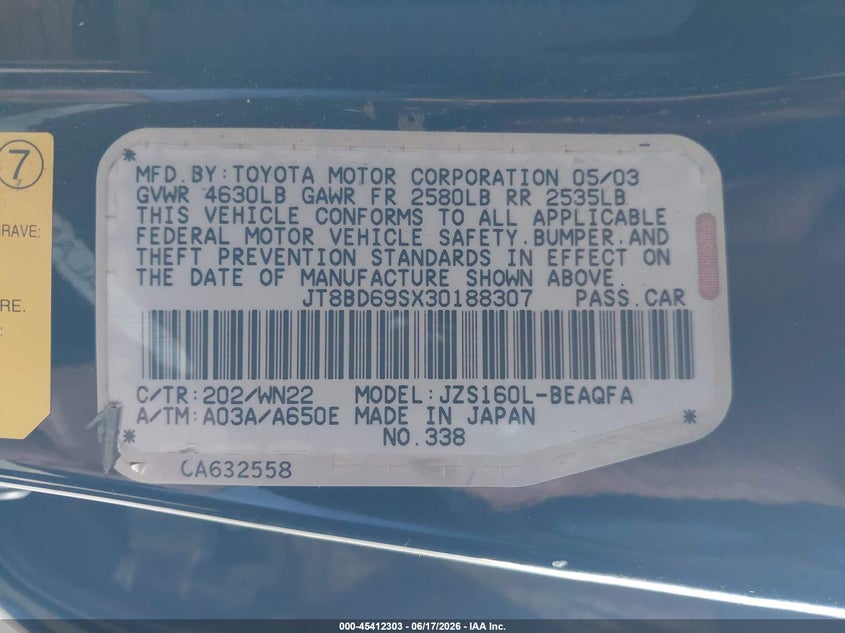 2003 Lexus Gs 300 VIN: JT8BD69SX30188307 Lot: 45412303