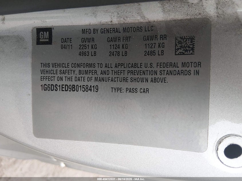 2011 Cadillac Cts Premium VIN: 1G6DS1ED9B0158419 Lot: 45412331